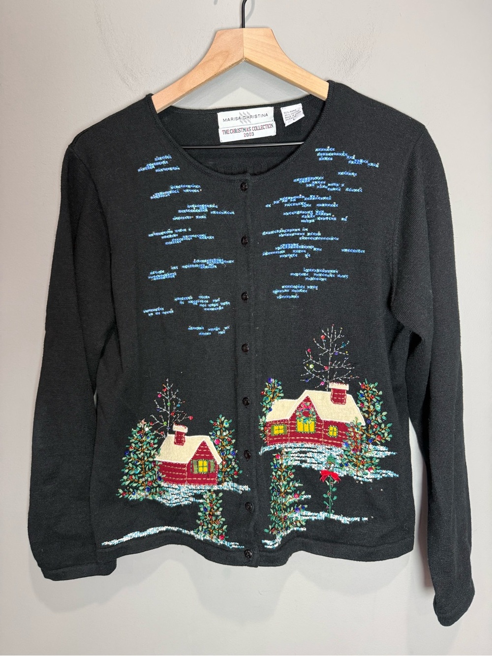 Vintage Marisa Christina 2003 Christmas Cardigan L Beaded Holiday Y2K